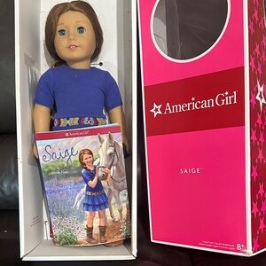 American Girl Saige Doll in Blue Outfit with Book